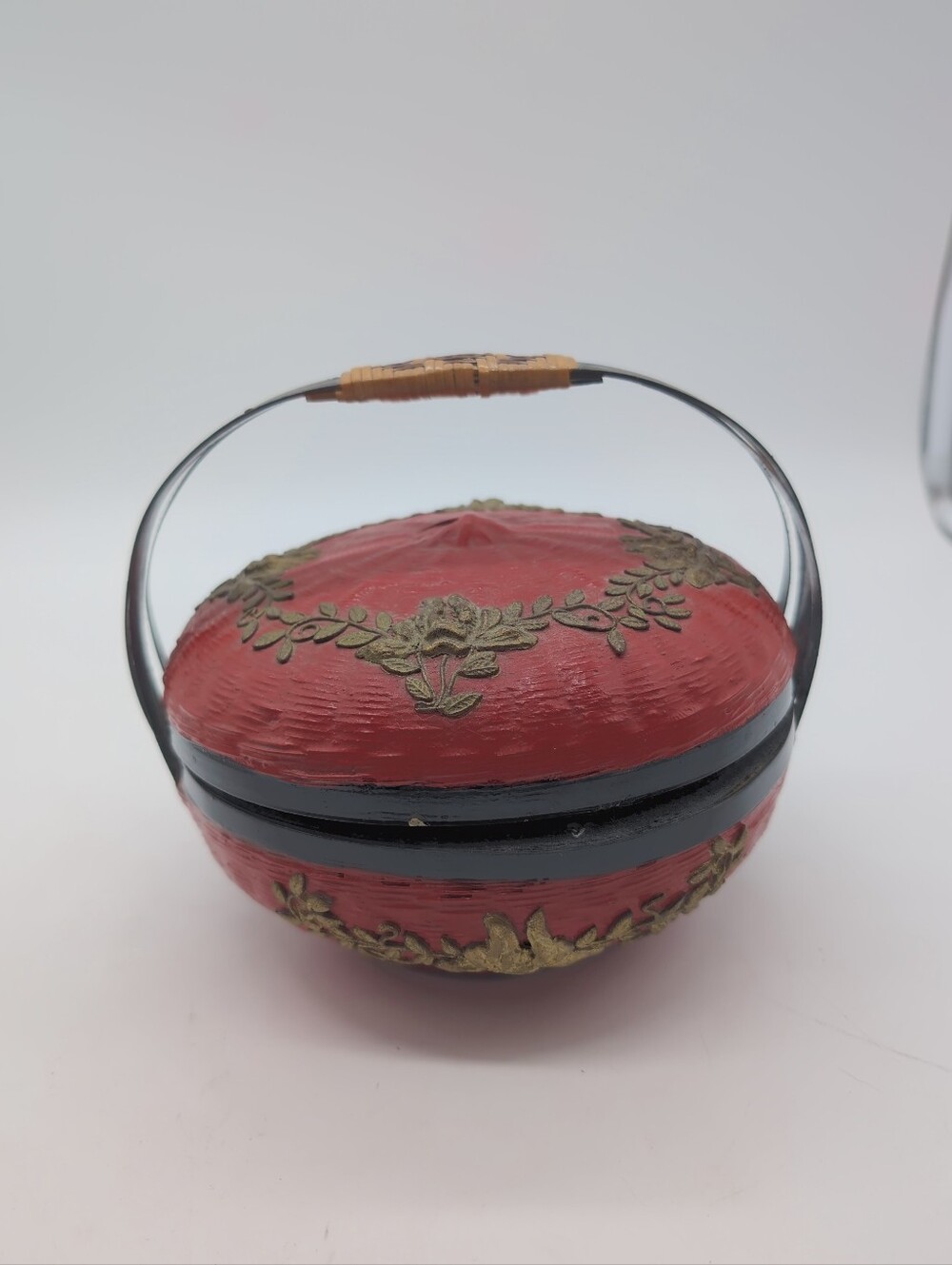 Vintage Japanese Lacquered Bamboo Basket Box - Cinnabar Red & Gold Floral Handle